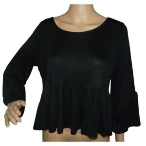 Cacia Sz Medium Soft Black Cropped Scoop Neck Ruffle Bell Sleeve Shirt m